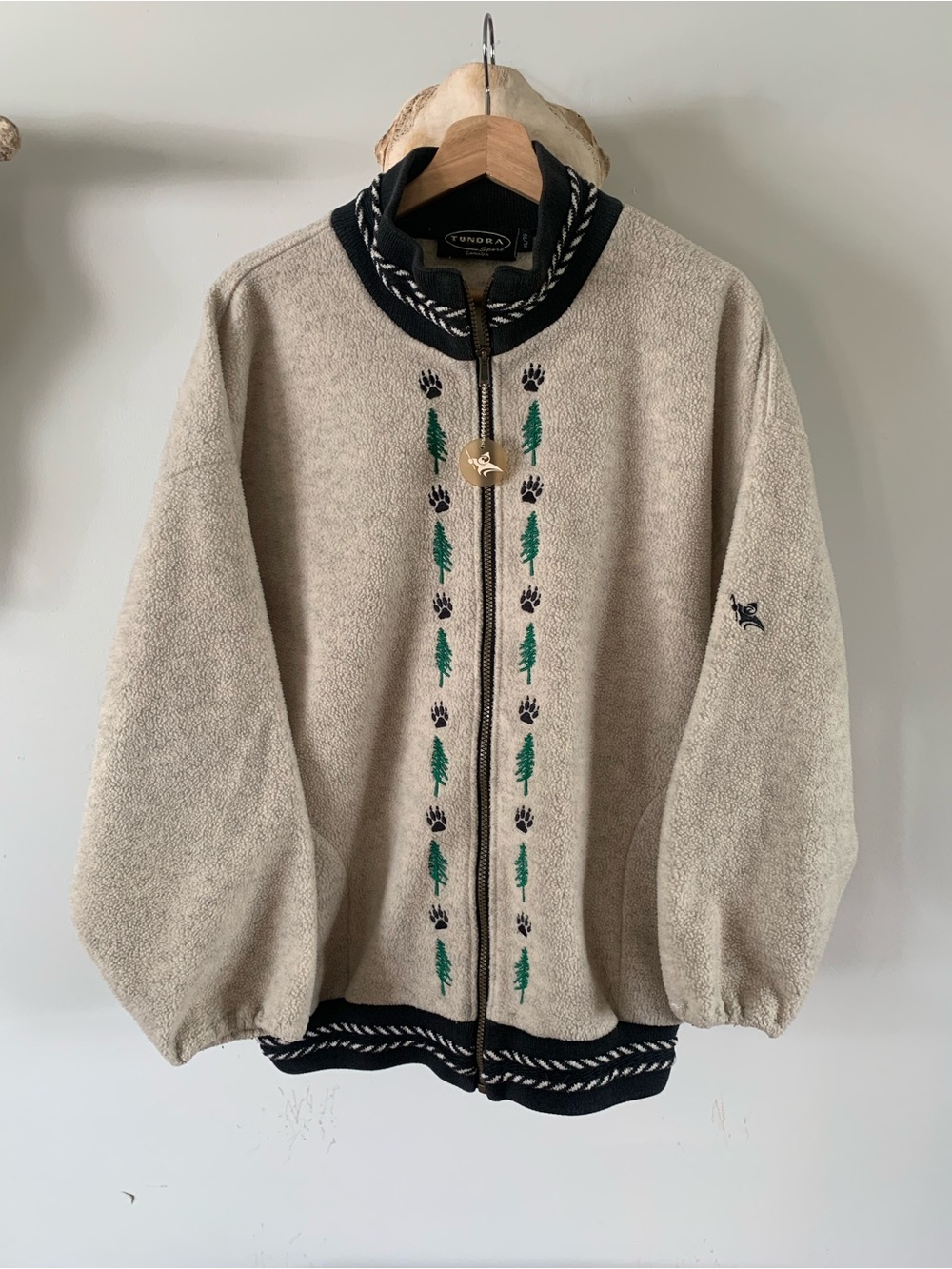 Vintage Tundra Beige Sherpa Jacket with Green Tree & Paw Embroidery